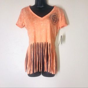 NWT Zumba we come in pieces slashed mango shirt
